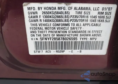 2007 Honda Pilot Ex-L z USA, uszkodzony, nr VIN 5FNYF28587B026595